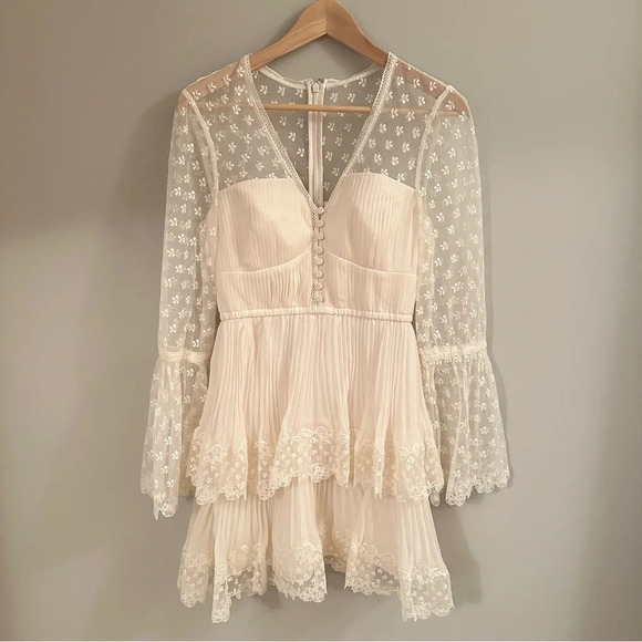 NEW Self-Portrait Chiffon Lace Tiered Mini Dress White Ivory | size UK 8 / US 4 - Picture 9 of 16
